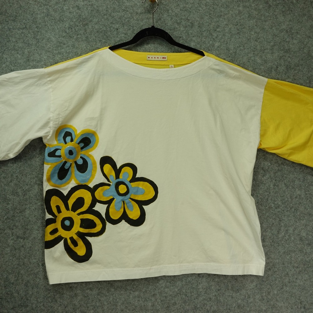 MARNI UNIQLO Oversized T Shirt Womens XL Yellow Floral Pop Art Kidcore Boxy Tee